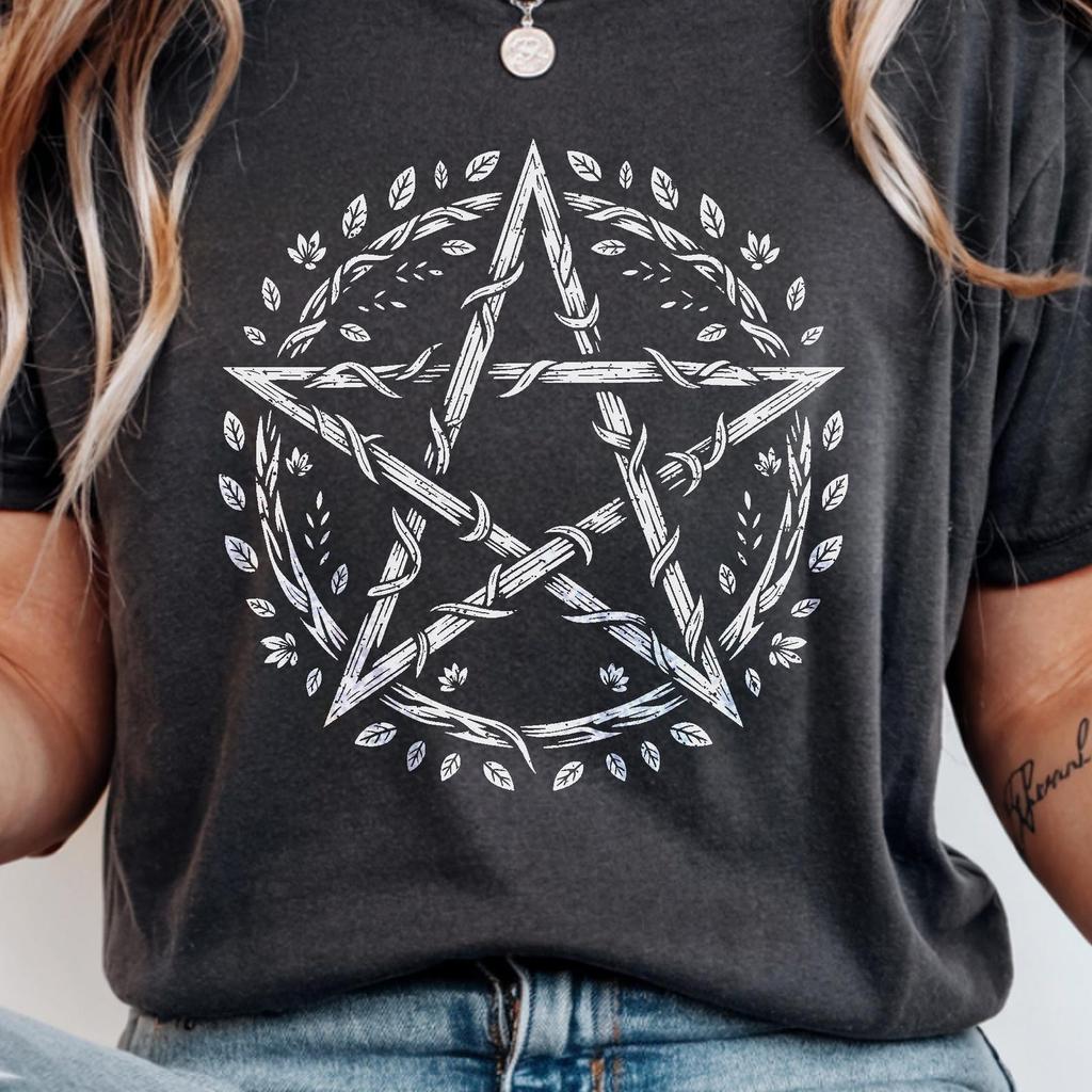 Wooden Pentagram Shirt, Vine and Leaf Witchy Tee, Cottagecore Witchcore Apparel, Rustic Pagan Pentacle Gift, Cozy Goth Nature Magic