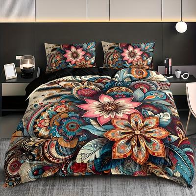 Bohemian Mandala Floral Bedding Set: 3Pcs (1 Duvet Cover + 2 Pillow Cases) - No Pillow Inserts Included, Christmas Present