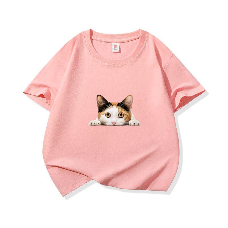 Kids Cotton T Shirt Peeking Calico Cat Graphic Print Crew Neck Short Sleeve Tee Casual Breathable Boys Girls Summer Tops