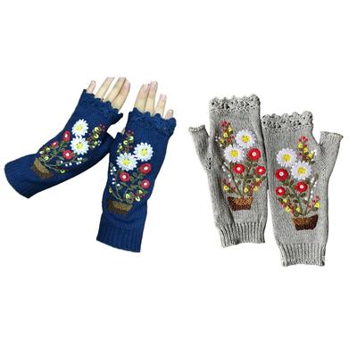 Cartoon Embroidered Hand Gloves Stretchy Knitted Mittens Fingerless Hand Warmer Flower Embroidery Half Finger Mittens