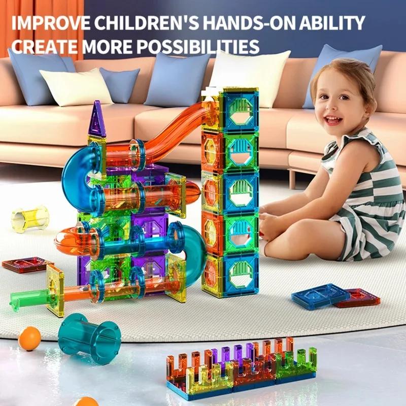 Light Magnetic Tiles Building Blocks for Kids, 3D Clear Educational Building Toys, Magnetic Marble Running Building Block Toys
