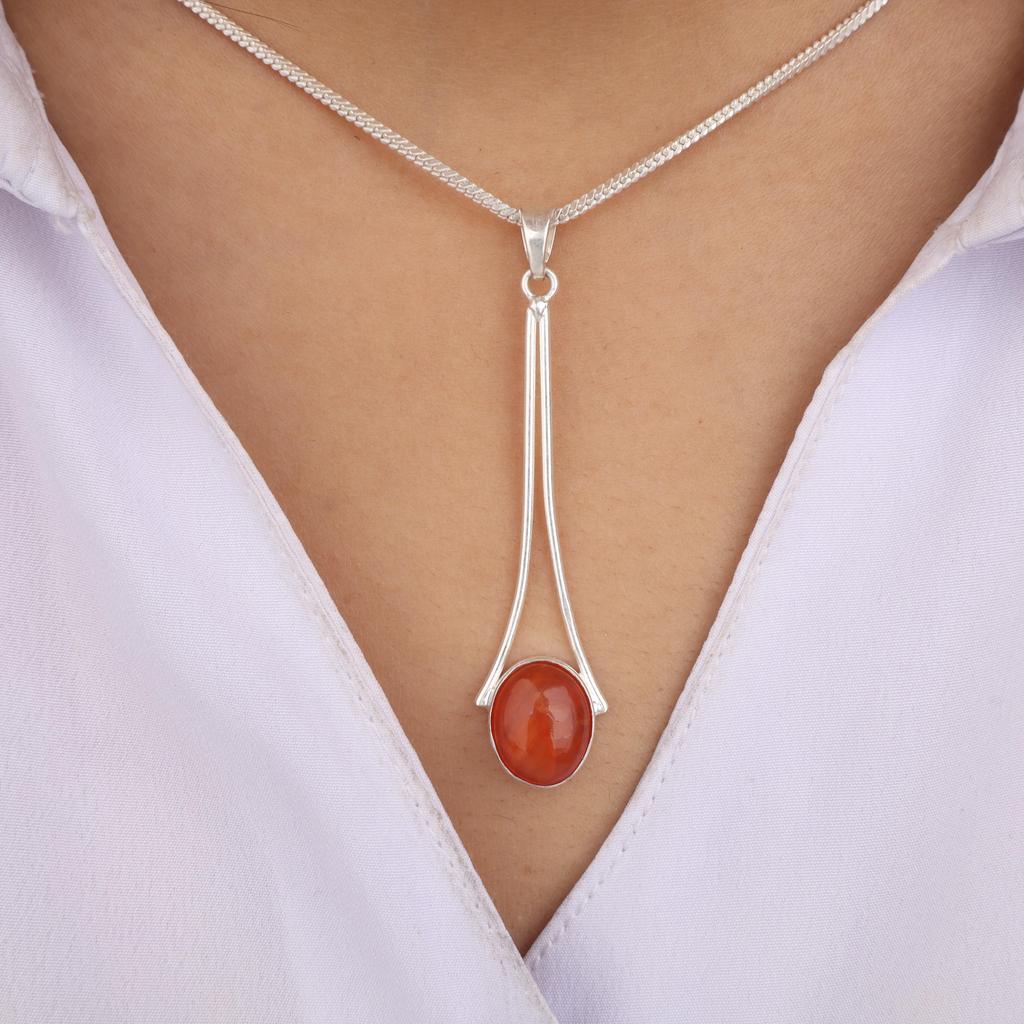 Pietra Preziosa Naturale Corniola Argento Sterling 925 Gioielli Fatti a Mano Pendente di Design 1,79" PP-69-24