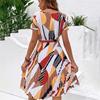 Women Summer Pleated Dress with Belt Round Neck Short Sleeve Medium Long