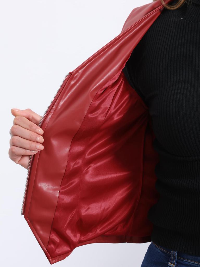 Allegra K Manteau en Faux Cuir pour Femme, Col en V, Sans Manches, Veste Gilet Biker Motard Vintage à Fermeture Éclair, Rouge, Taille L
