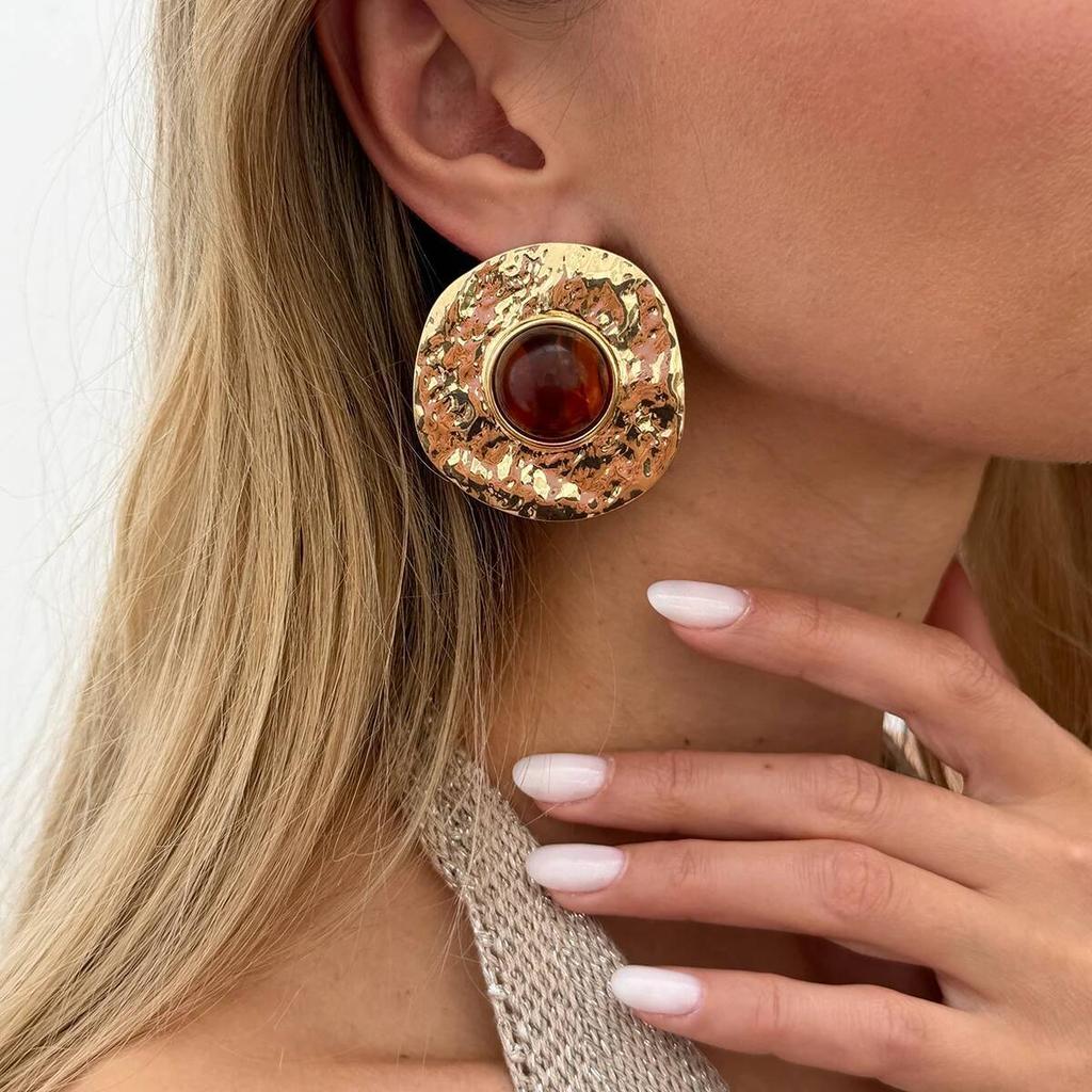 Salircon Classic Elegant Inlaid Brown Resin Earrings Women Vintage Geometric Round Earring Daily Wear Accessories Jewelry Gift