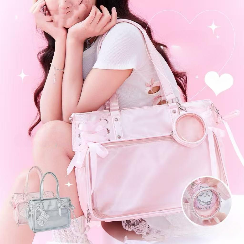 

Sweet Cute Bow Shoulder Bags Women Horizontal Transparent Large Capacity Anime Ita Bag Ladies Harajuku Solid Color Handbag Chic 35x27cm розовый