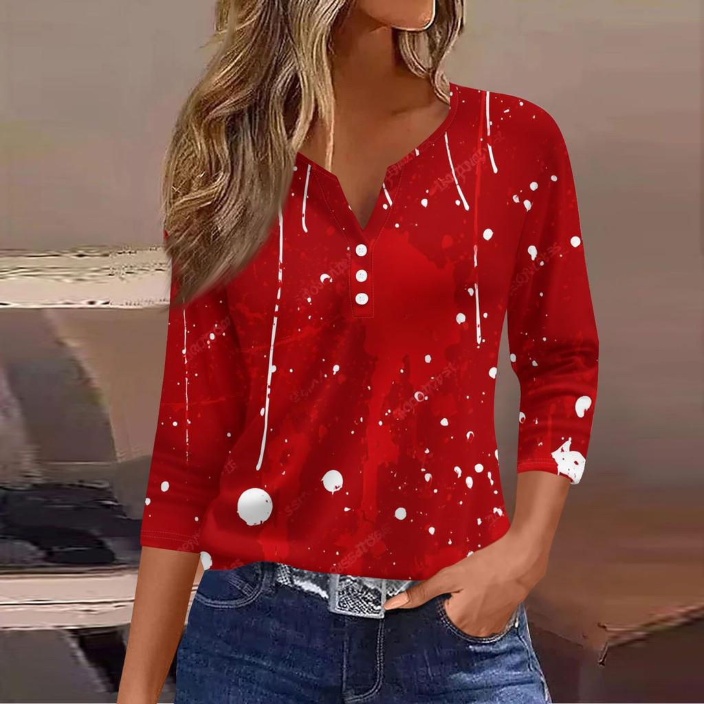 Women's Casual Fashion V-neck Loose Versatile Halloween Print Three-quarter Sleeve Top