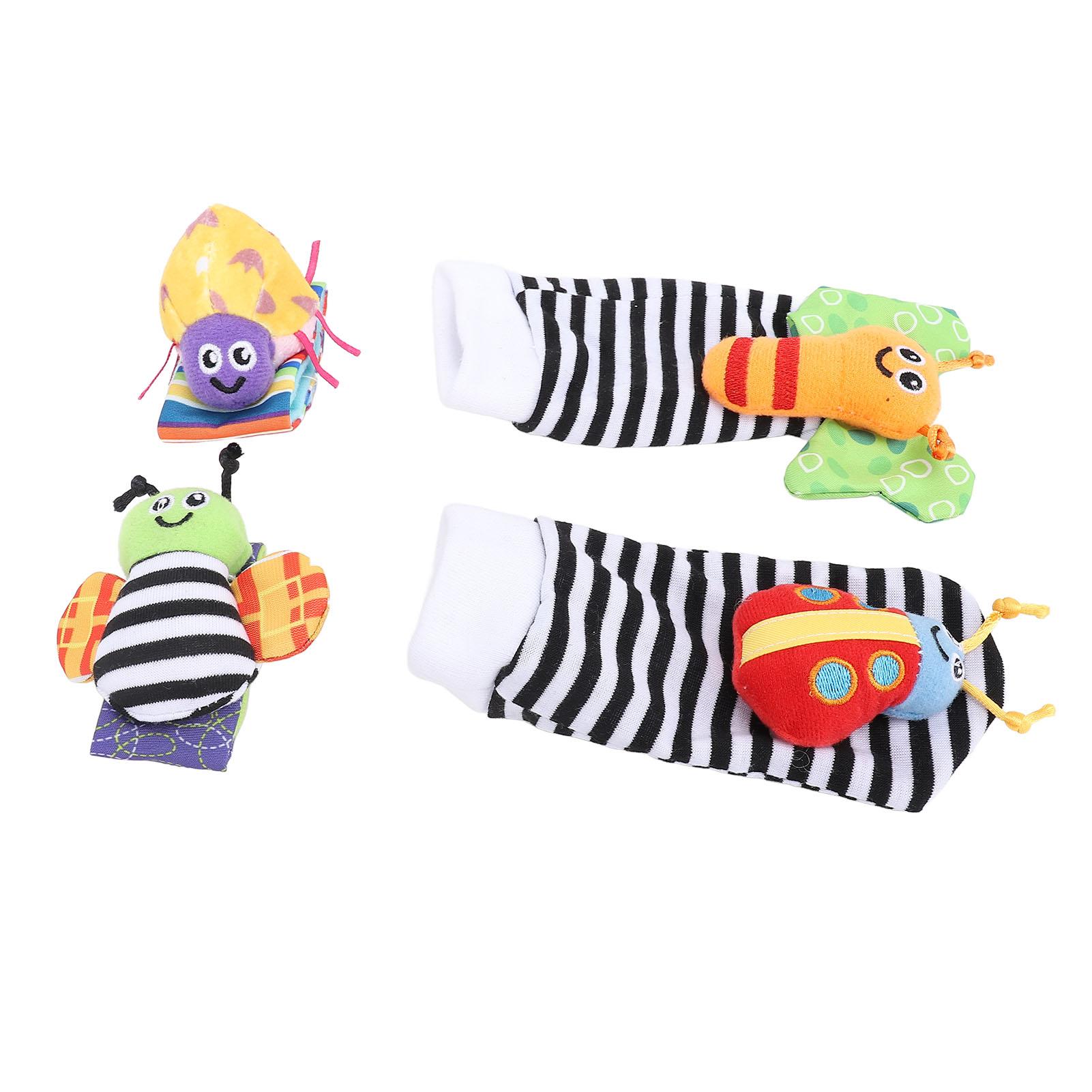 

Набор из 4 штук: носочки-погремушки на запястья и ножки для малыша, плюшевые мягкие животные, браслет-погремушка на руку, носочки для ножек