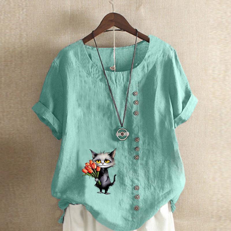 Damenmode Schwarze Katze mit Blumen bedrucktes Kurzarm-T-Shirt Lockeres Baumwollhemd Lässige lockere Sommerbluse Tops Übergröße