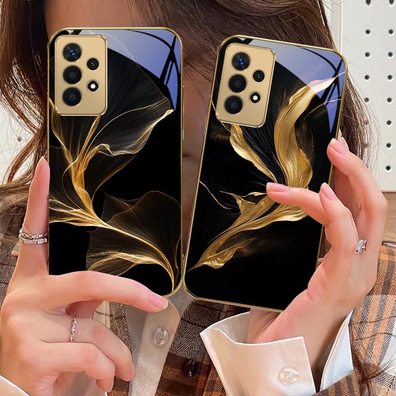Floating Golden Ribbon For Samsung A 01 52S A04 A05S A10 A12 13 22 23 24 36 42 M02 Note 10 20Ultra 8 9 Golden Glass Phone Case