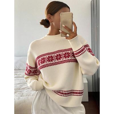 Retro Christmas Style Knitted Red Sweater Women's Round Neck Pullover Autumn Winter New Style Thickened Geometric Patterned Top