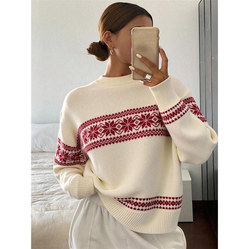 Retro Christmas Style Knitted Red Sweater Women's Round Neck Pullover Autumn Winter New Style Thickened Geometric Patterned Top