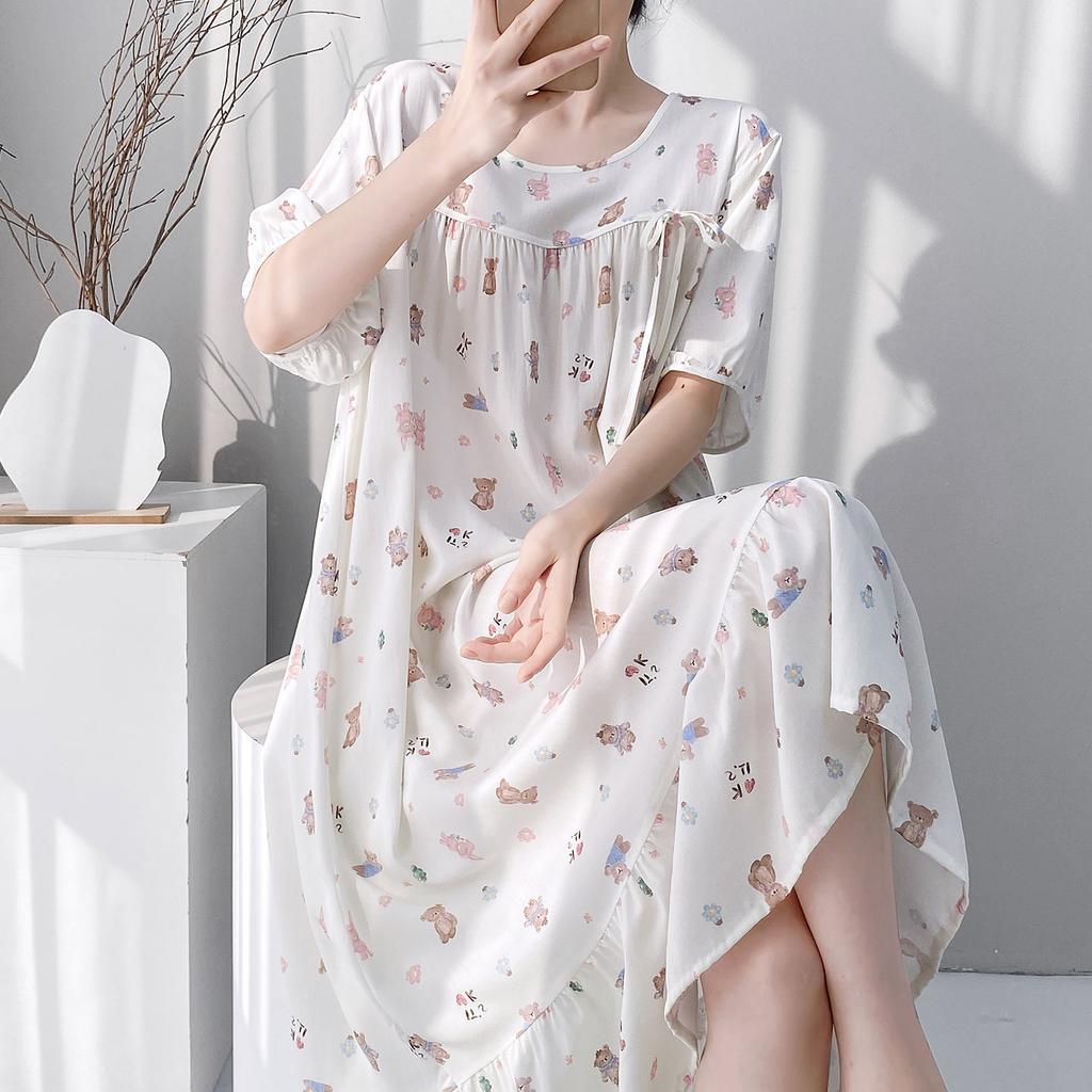 Retro polka dot cotton and silk nightdress women's summer loose large size literary and artistic fan medium and long loungewear can be worn outside