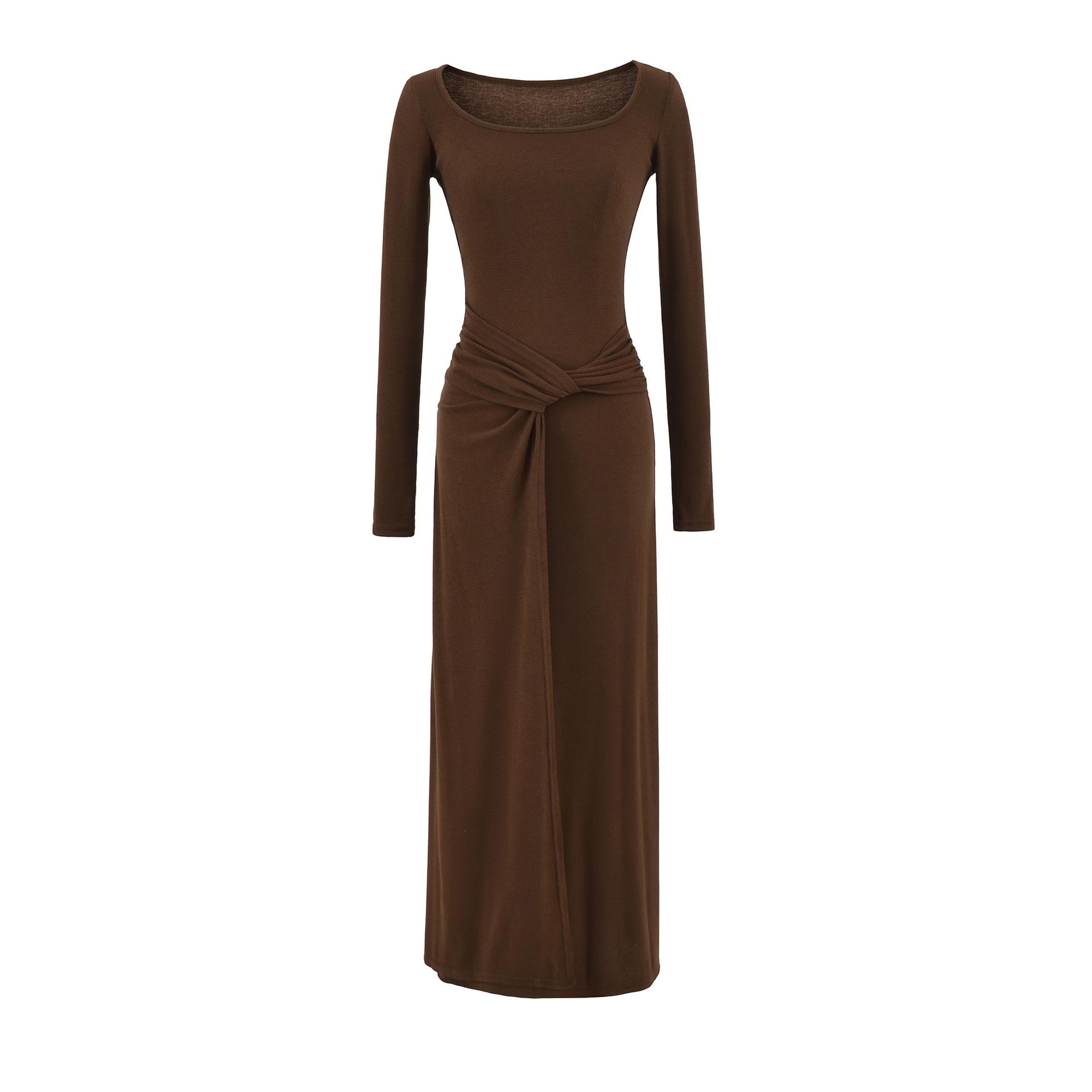 

Elegant Slim Fit Two-Piece Style Long Sleeve Bodycon Dress with Waist Tie - New Autumn Collection M темно-коричневого кольору