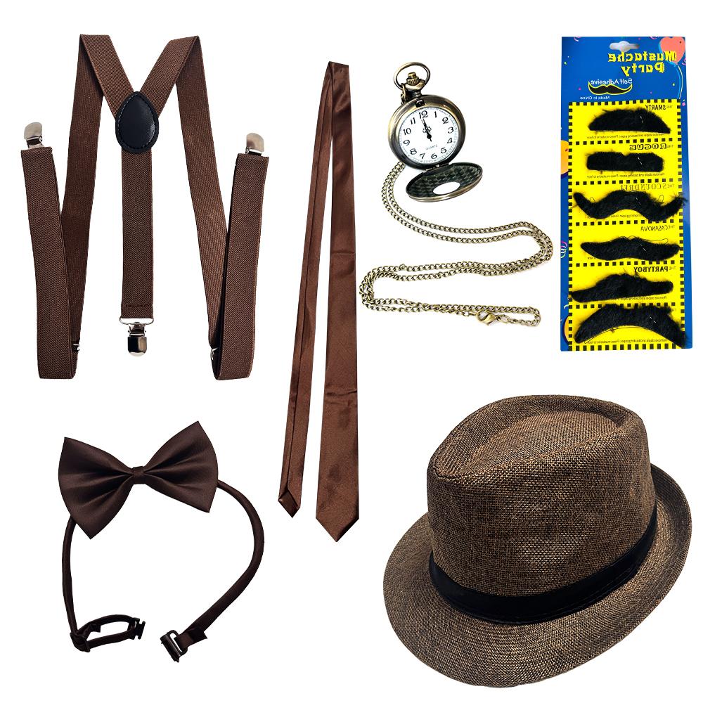 1920s Gangster Style Accessory Set - Vintage Gentleman Fedora, Suspender, Pocket Watch & Mustache Combo