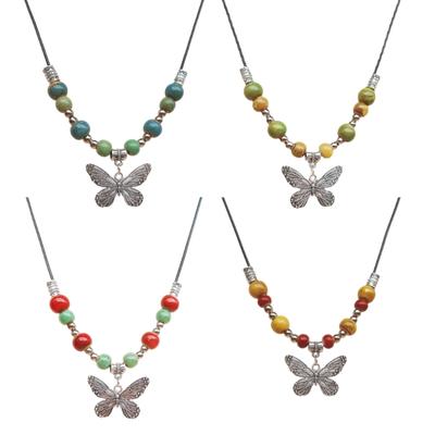 Color Beads Pendant Necklace Sweet Butterflies Clavicle Chain Female Summer Adjustable Rope Necklace Sweater Chain