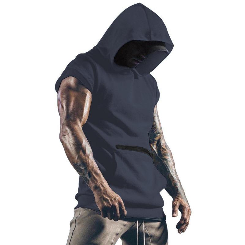 T-shirt da uomo con cappuccio, manica corta, tasca con zip, senza maniche, per allenamento muscolare