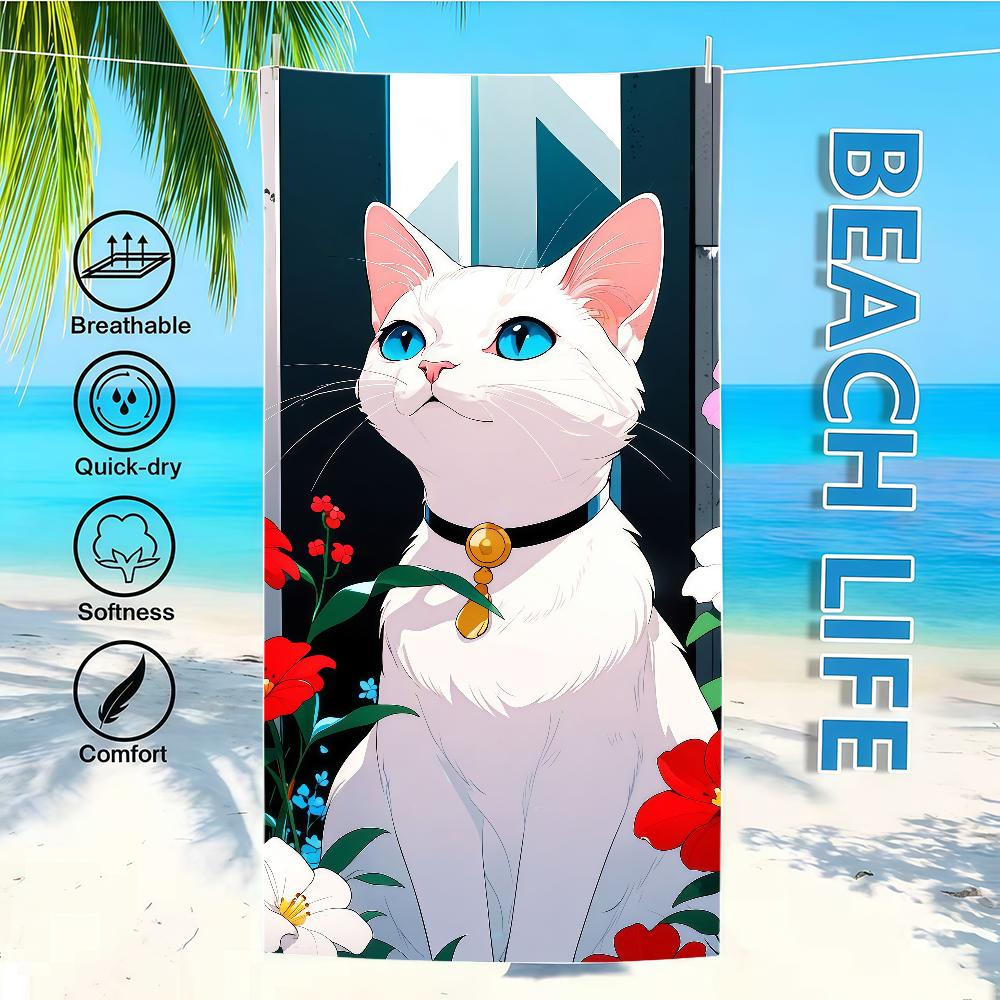 Towel Textile Flowers Bathrobe Beach Cat Surrounded Quick-Drying Adorable Lightweight Portable White Camping Swim Pool Travel