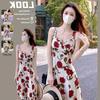 Women's French Retro Rose Floral Suspender Dress - Elegant and Chic Long Design