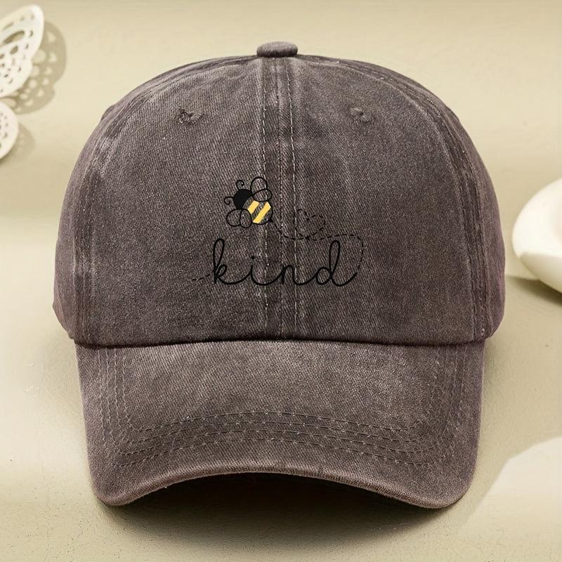 Kind Bee Print Womens Washed Distressed Vintage Dad Hat Unisex Retro Baseball Cap Soft Top Outdoor Driver Hat 1pc