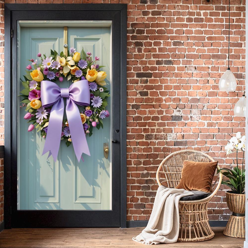 Spring Bow Wreath Door Cover Floral Banner Ribbon Bow Door Lining Background 2025 New Home Party Decoration Pink Purple
