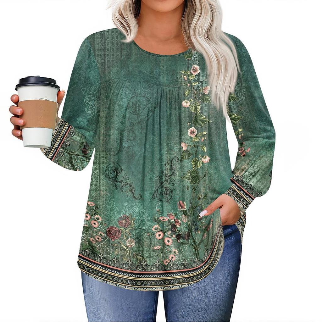 Dámské topy plus size košile s dlouhým rukávem kulatý výstřih splývavá tunika ležérní volná halenka L-5X