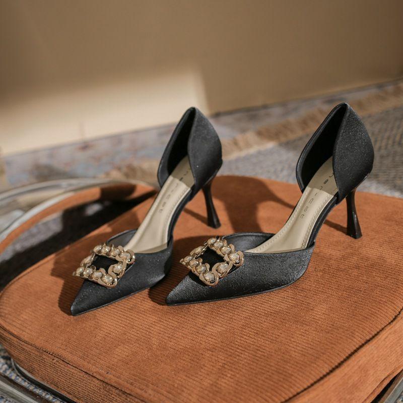 Black Small High Heels Female Cat Heel Not Tired Feet Pointed 2025 New French Rhinestone Square Buckle Hollow Shallow Mouth Spring and Summer