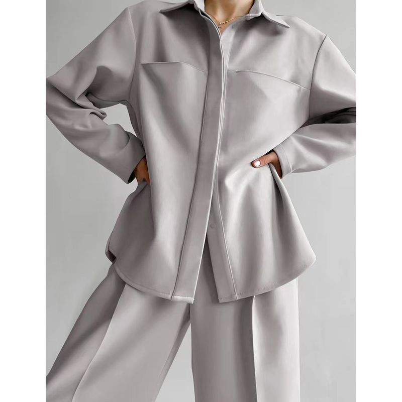 

Осень 2022 Новые рубашки с длинным рукавом Брюки с широкими штанинами с высокой талией Повседневный комплект Женская мода Повседневный костюм Gray L