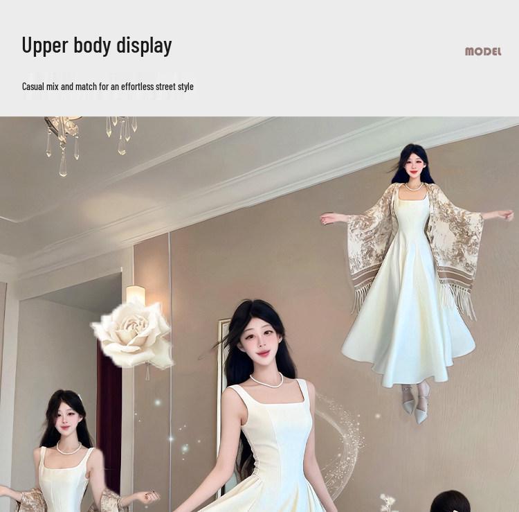 Elegant Women's Spaghetti Strap Waist-Cinched White Long Dress - Early Spring 2026 Collection, Romantic & Formal Design