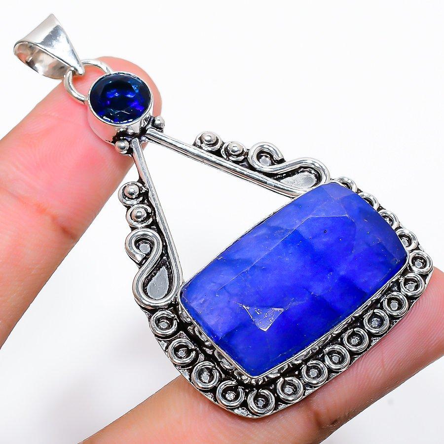 

Сапфир(Смоделированный), Ювелирный кулон ручной работы с синим топазом и драгоценным камнем 2,44 дюйма VR-419