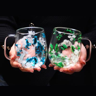 1 Stück 390ml Doppelwandige Glastasse mit Henkel Dekoriert mit getrockneten Blumen Kaffeetasse Milchbecher Hitzebeständige Teetassen Küchenbedarf