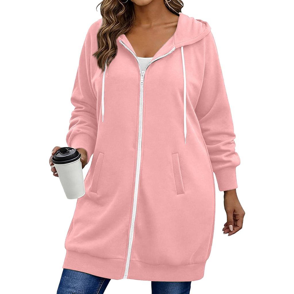 Sudadera Larga con Capucha para Mujer Tallas Grandes con Cremallera Bidireccional, Ropa Exterior Casual de Color