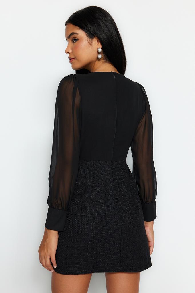 Women's Fashion Casual Standard Sleeve Mini Navy Blue Collar Detailed Lined Chiffon Woven Dress