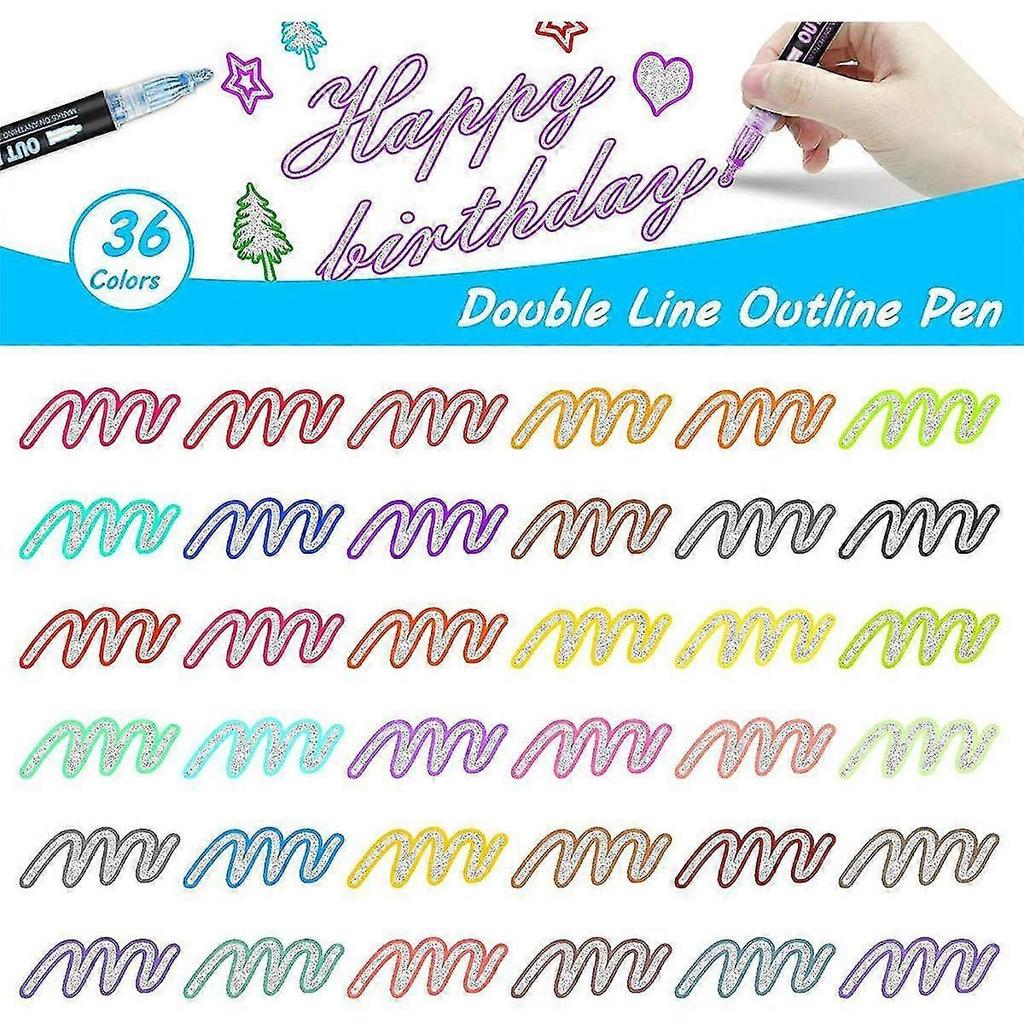 Double Line Outline Markers, 36 Colors Super Squiggles Shimmer Outline Marker Pen Set, Self Outline