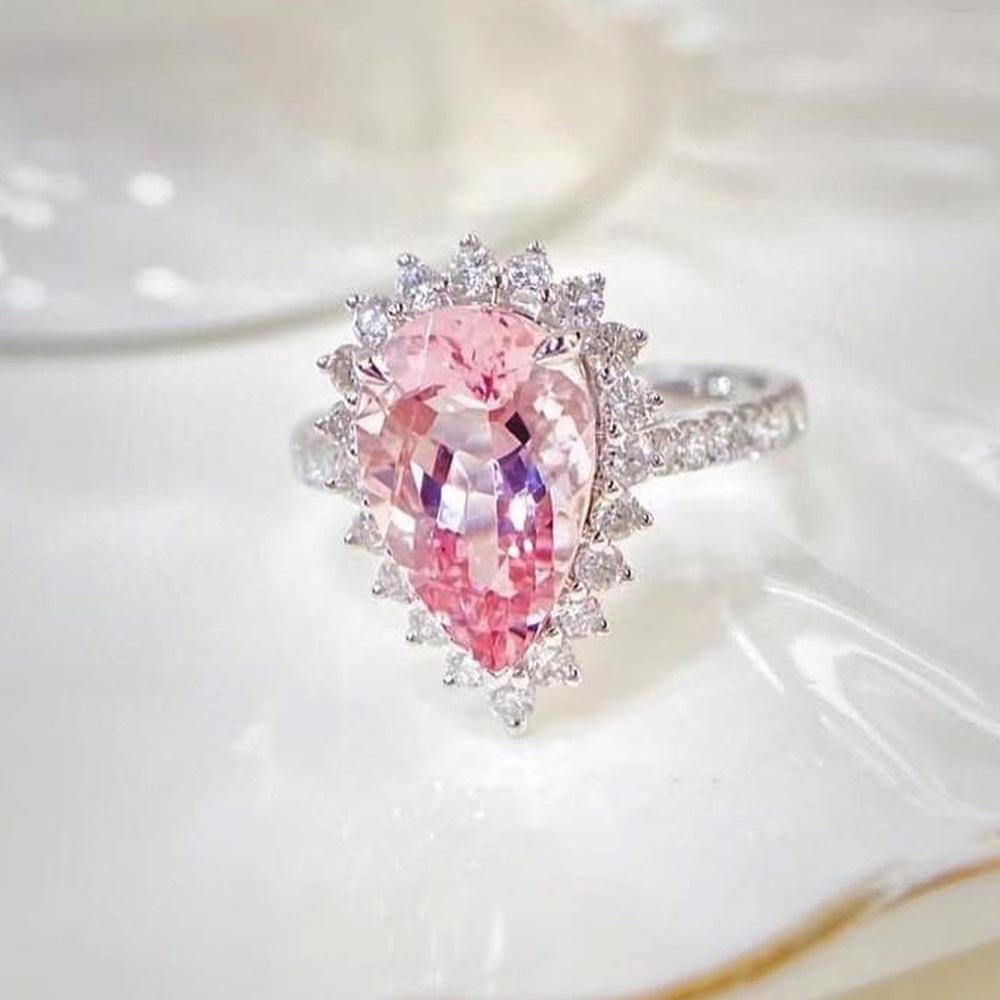 Luxury Female Pink Water Drop Zircon Ring Charm Silver Gold Color Wedding Rings For Women Small White Stone Engagement Ring