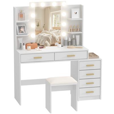 Schminktisch mit beleuchtetem Spiegel und gepolstertem Hocker, Schminkset mit 6 Schubladen und Regalen, Weiß