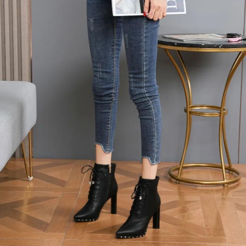 Women's Ankle Boots Sexy Studded Very High Heels Booties Heeled Hot Winter 2024 On Promotion Designer Luxury Female Short Shoes