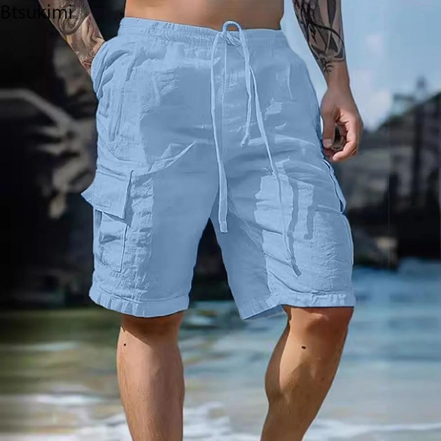 Men's Summer Fashion Loose White Cargo Shorts Handsome Streetwear Beachwear Solid Color with Pockets Shorts Workout Pants