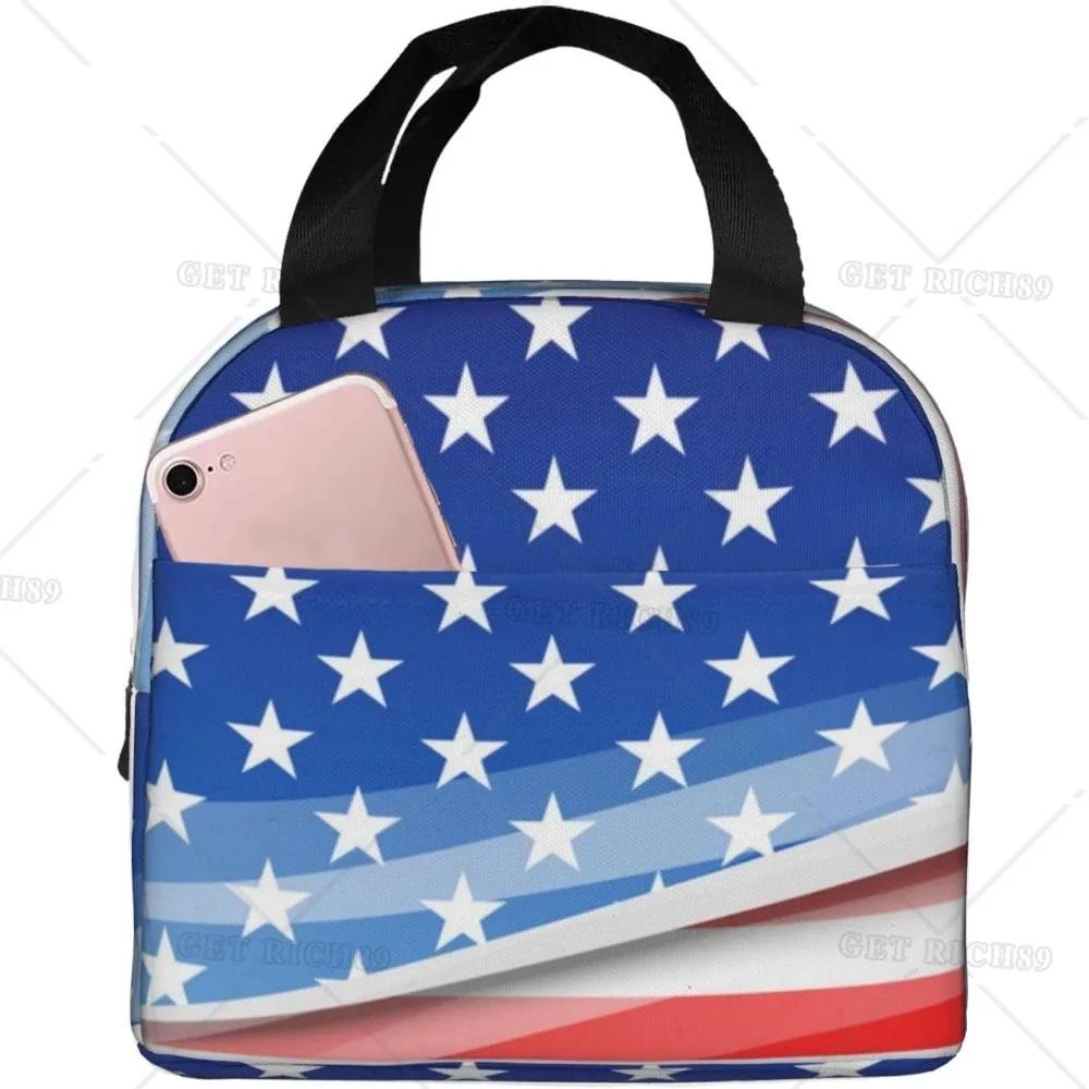 American Usa Flag Lunch Tote Bag for Women Men Reusable Insulated Cooler Lunch Box Container with Pocket for Work Office Trip