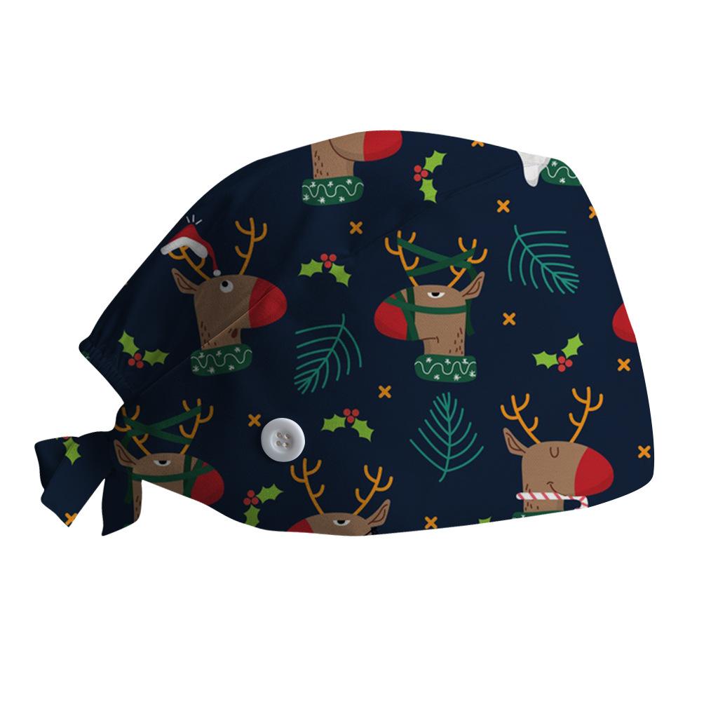 Surgical Cap with Adjustable Printed Christmas Theme Hat, Sweat Wicking Strip, Dust-proof Cloth Bag Head Cap, Doctor's Oral Cap, Nurse's Cap