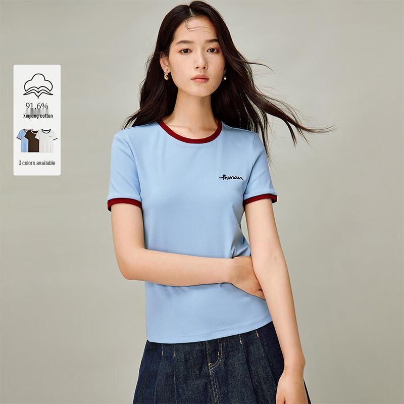INMAN Women's Embroidered Colorblock Round Neck T-shirt