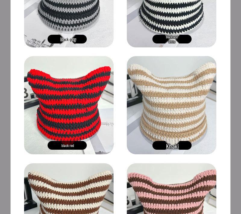 Autumn-Winter Striped Woolen Hat with Cute Cat Ears - Fashionable, Versatile Devil Design.