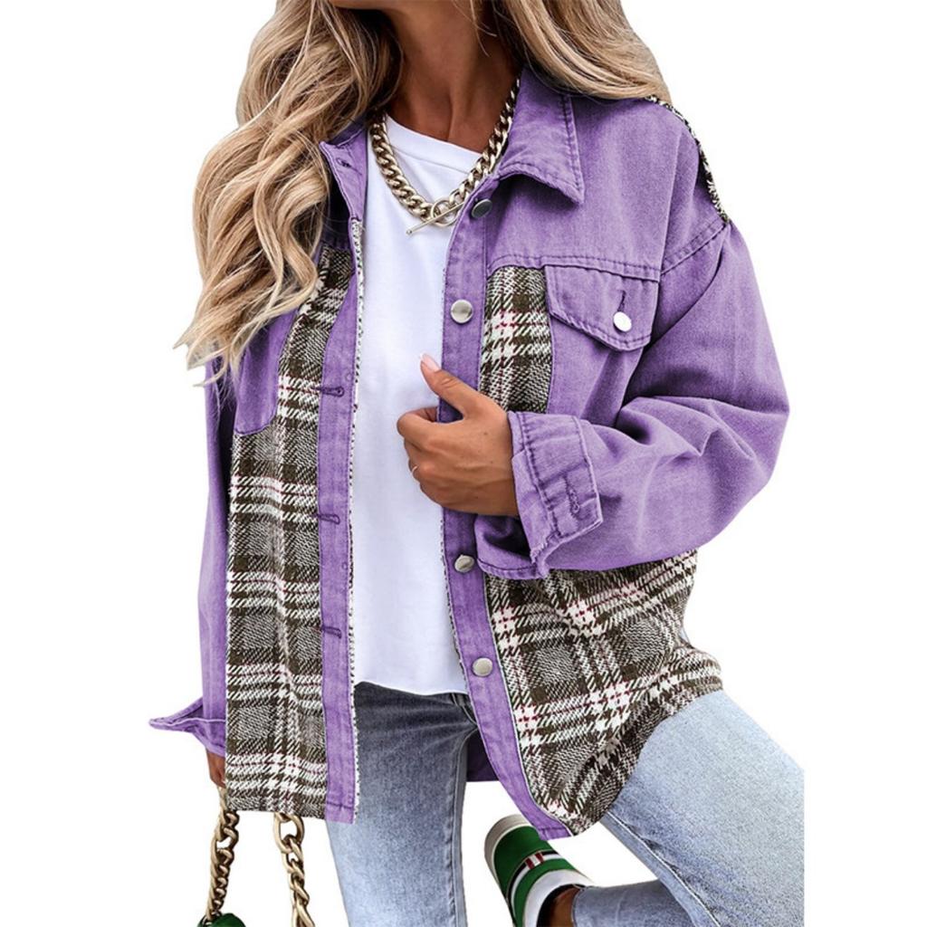 Denim Jacket, Long Sleeved, Checkered, Button Up, Shirt, Jacket Top