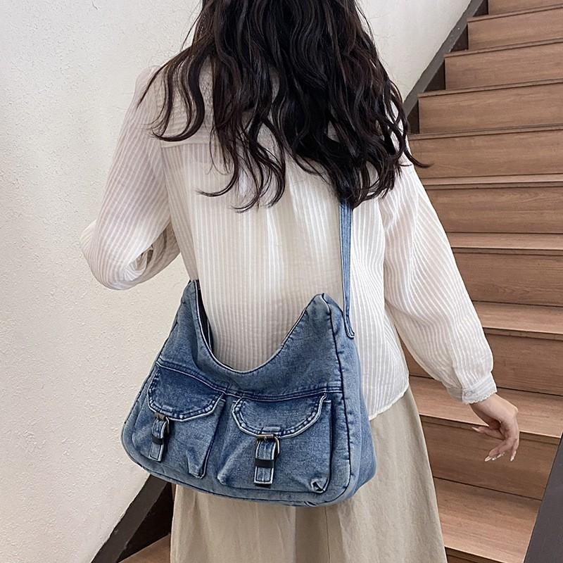 Womens Vintage Denim Tote Bag With Multiple Pockets Crossbody Shoulder Daily Use