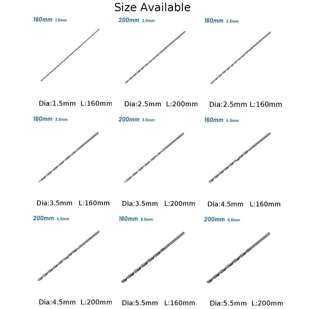 Diameter 1.5-5.5mm Length160-200mm High Speed Steel Extra Long HSS Straight Shank Glass Metal Tile Concrete Masonry Drill Bit