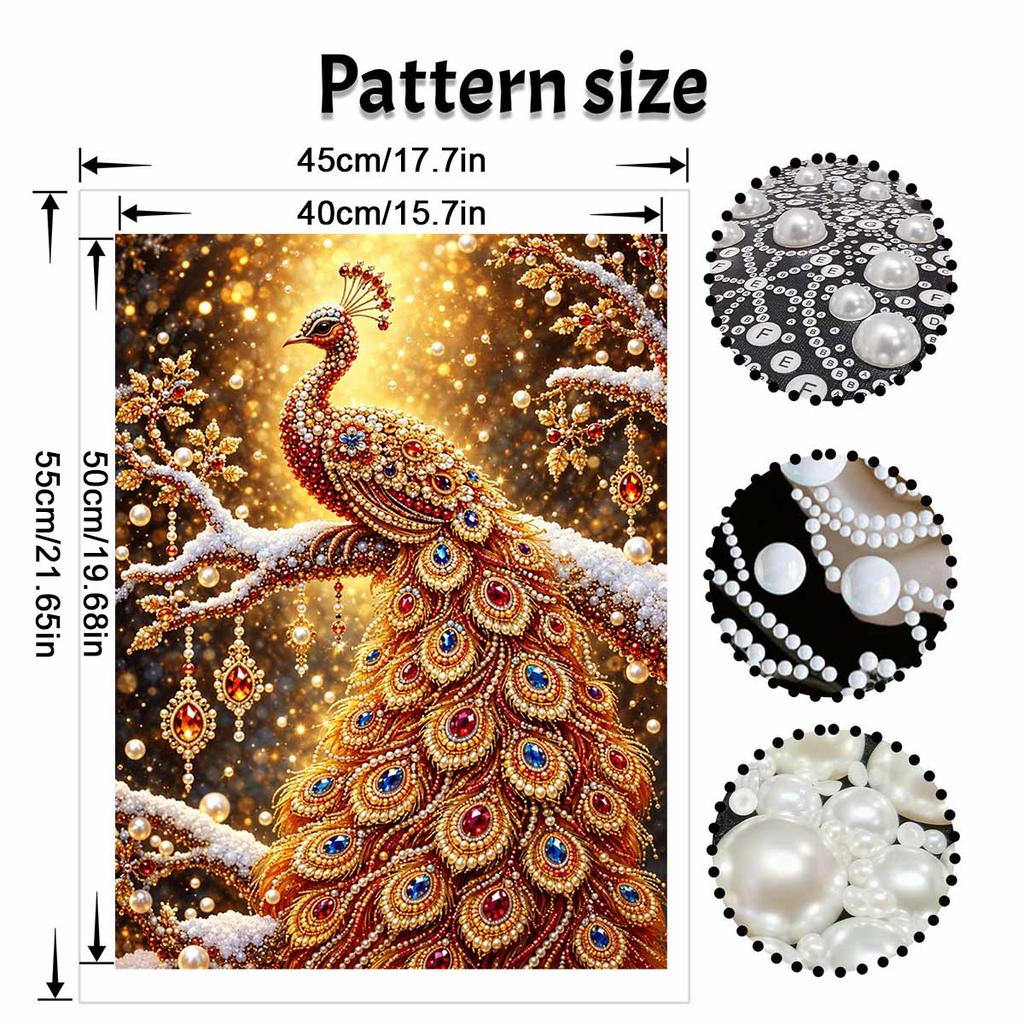 Sparkling Pearl Painting Kit with Frame Golden Peacock Bead Art Canvas Relaxing Craft Home Wall Decor Gift Set for DIY Art Wall Decoration Art