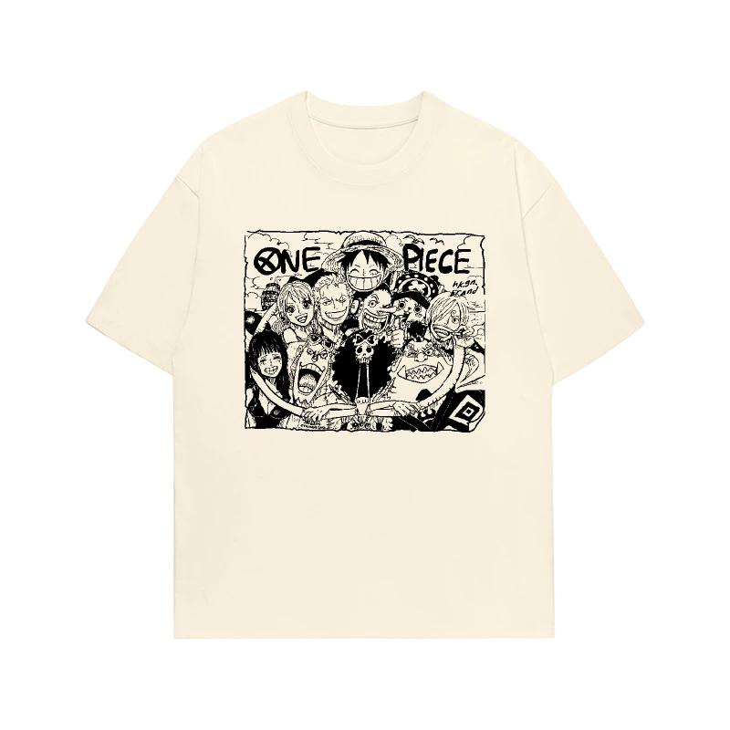 One Piece Straw Hat Crew Manga Sketch Retro TShirt Men Women Vintage Cotton Anime Tee Casual Loose Crew Neck Top