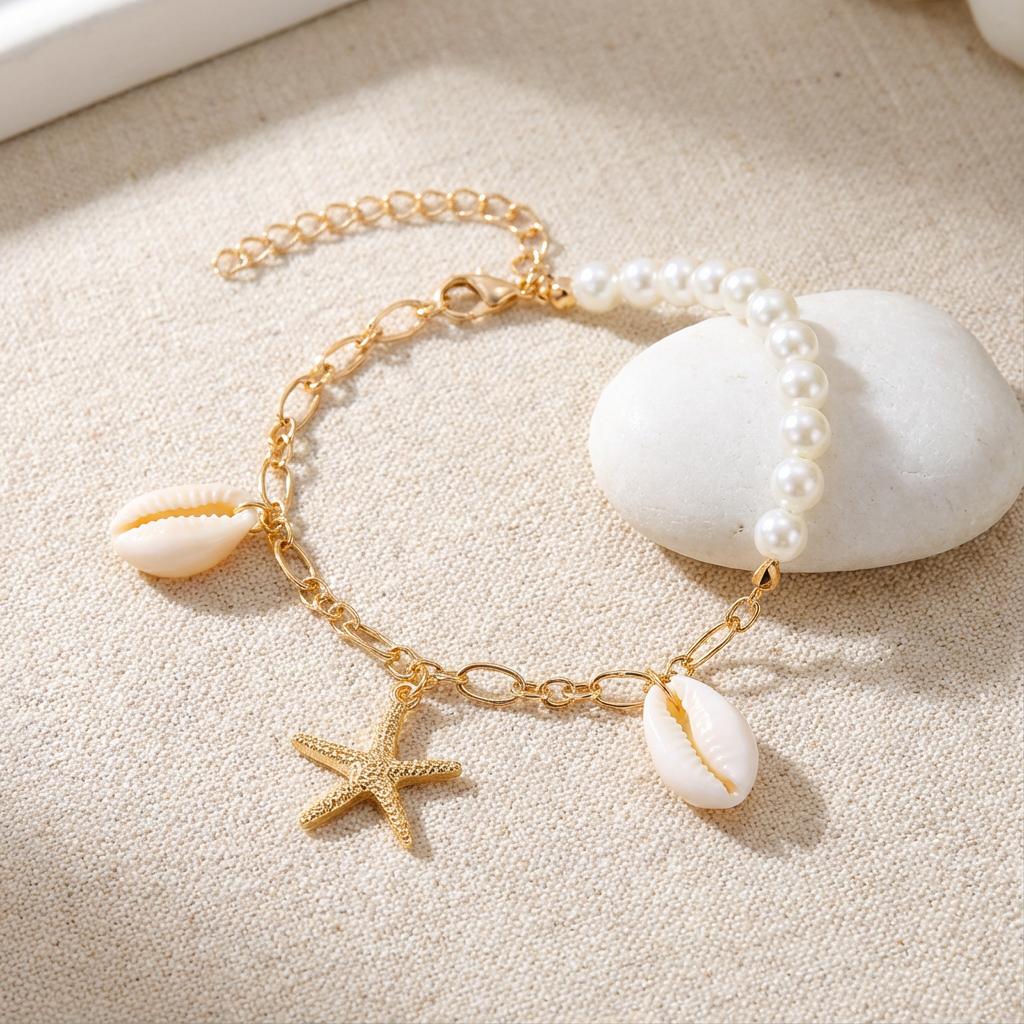 Boho Imitation Pearl Cowrie Shell Bracelet For Women Gold Color Starfish Charm Chain Bangle Summer Beach Vacation Jewelry Gift