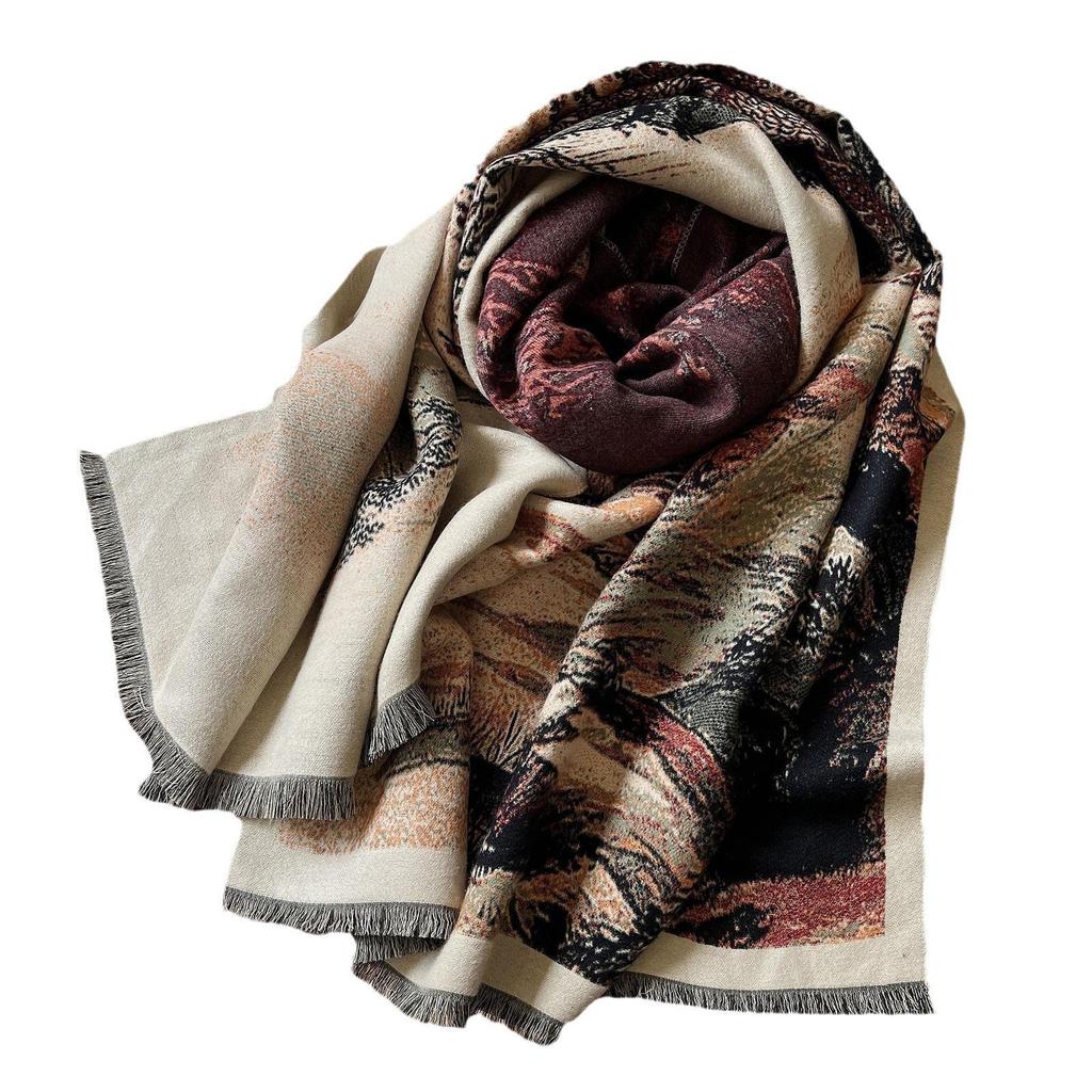Ethnic Style Landscape Oil Painting Scarf - Autumn/Winter Fashion for Female Students, Warm Imitation Cashmere Shawl
