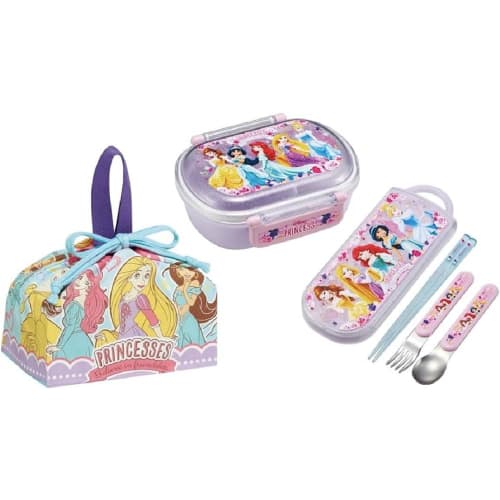 Skater Princess 24 Antibacterial Dishwasher Safe Soft Lid Tight Lunch Box, Oval Shape, 360ml Trio Set (Chopsticks, Spoon, Fork), Lunch Drawstring Bag,